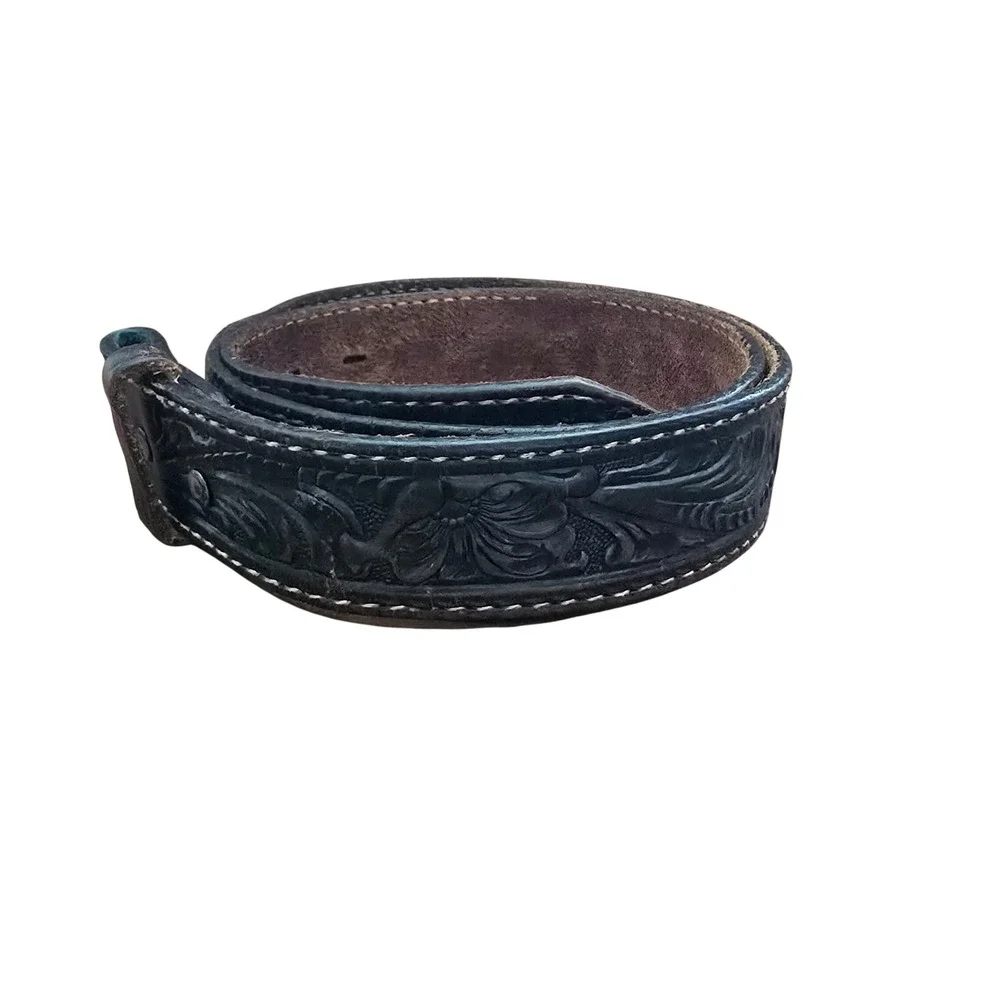 Tony Lama Mens Black Tooled Leather Western Belt Floral Cowboy Size 36